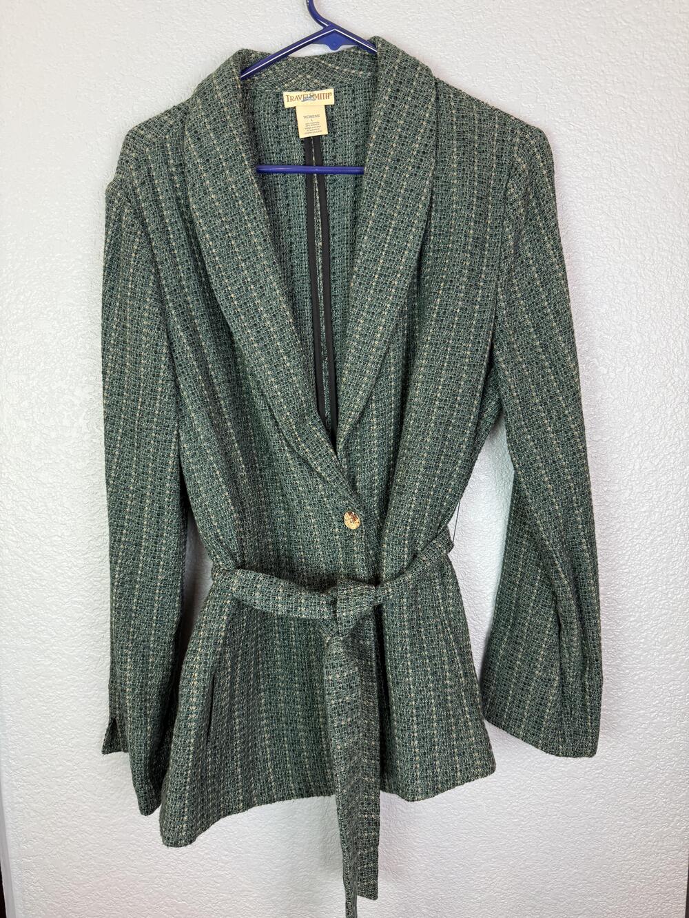 TravelSmith Jacket Womens Large Green Belted Textured Button Blazer Lightweight